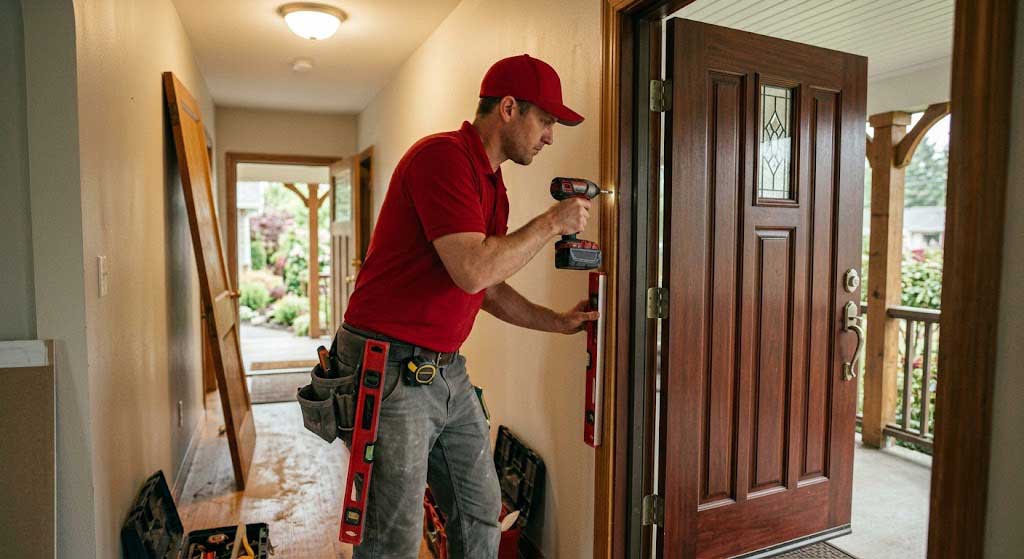 Window Medic worker installing a new entry door.