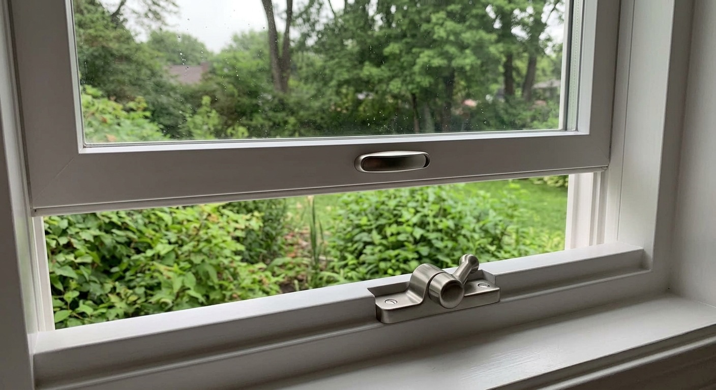 A locking double-hung window from the inside.