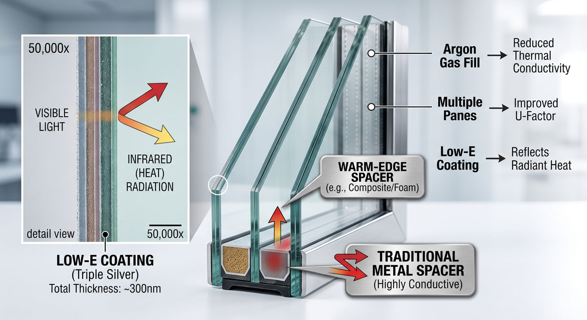 A detailed view of the different features of an energy efficient window.