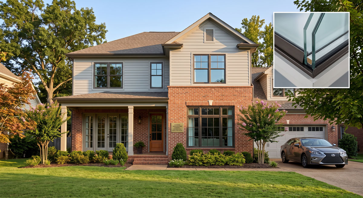 A Memphis area home with brown trim high energy efficient windows.