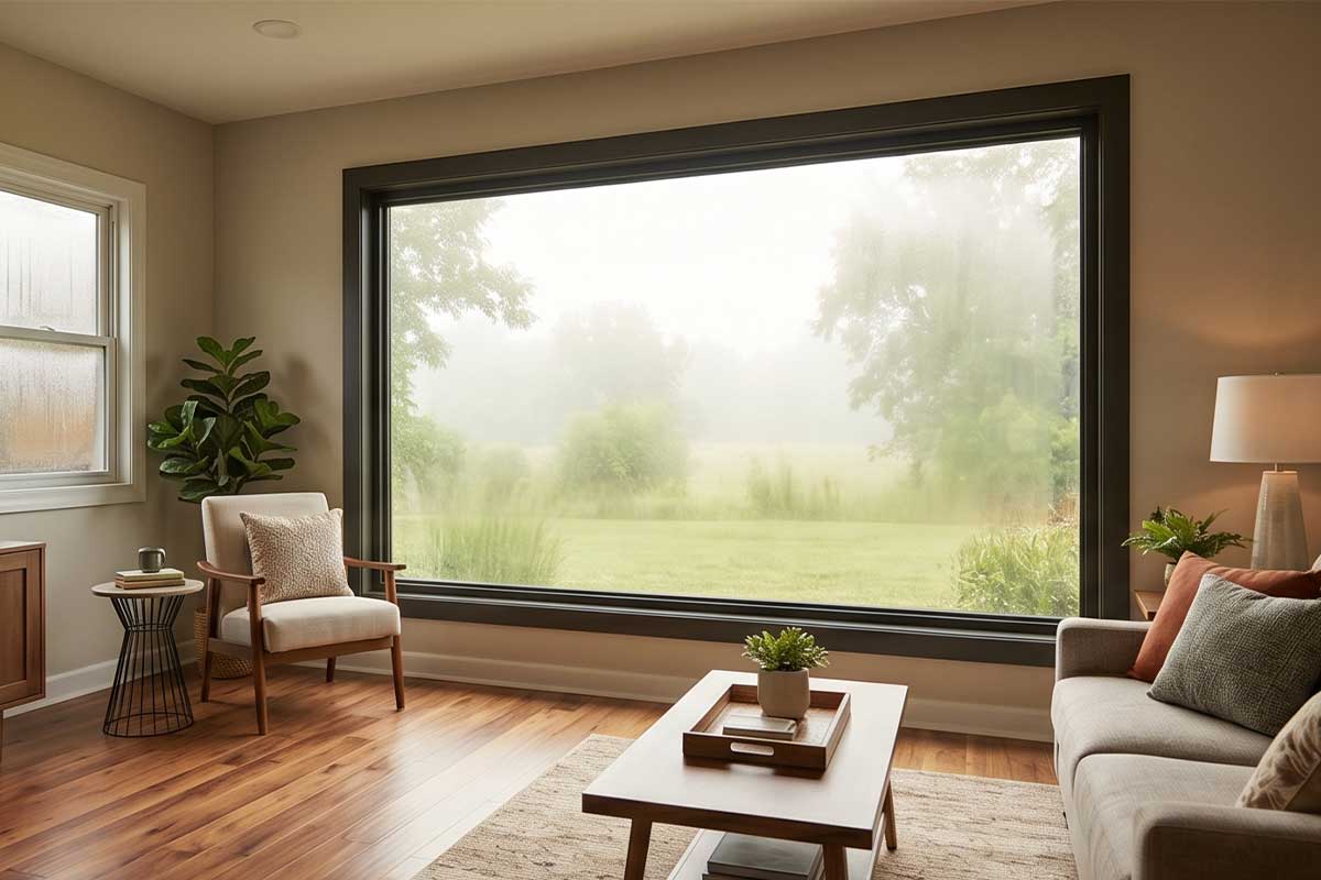 Large window in a living space showing natural lighting.