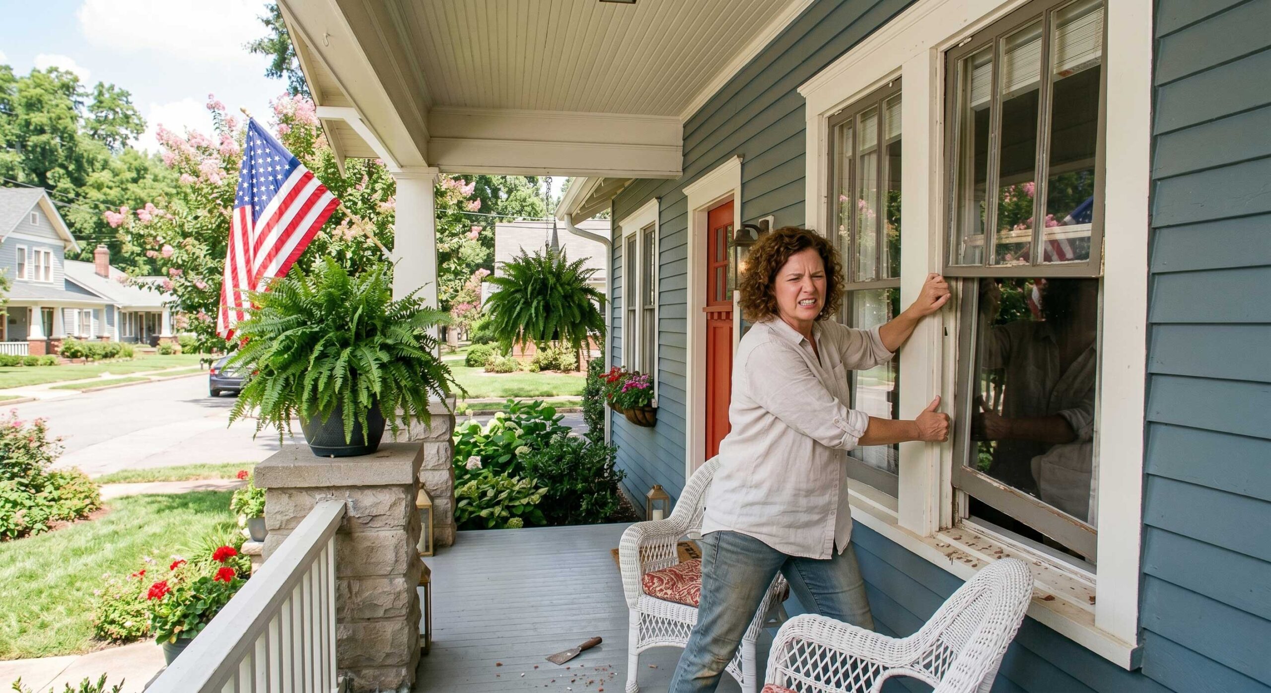 Woman trying to open a sticking and jamming window.