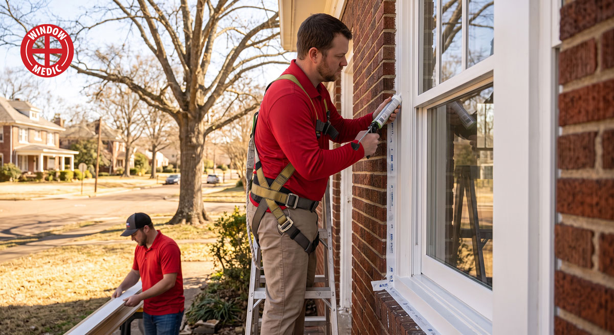 Man finishing up a new window install on a Memphis area home.