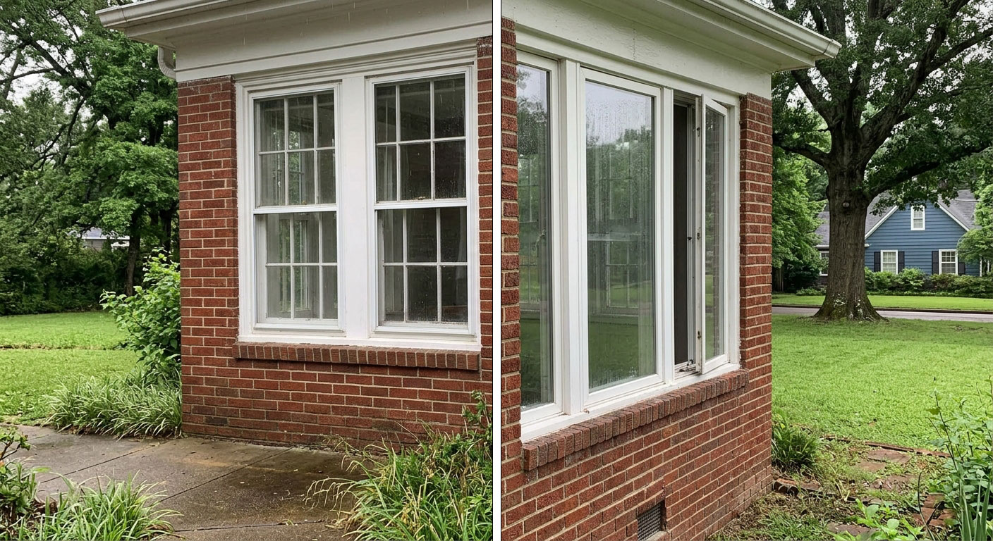 A casement window and a double-hung window on a brick house.