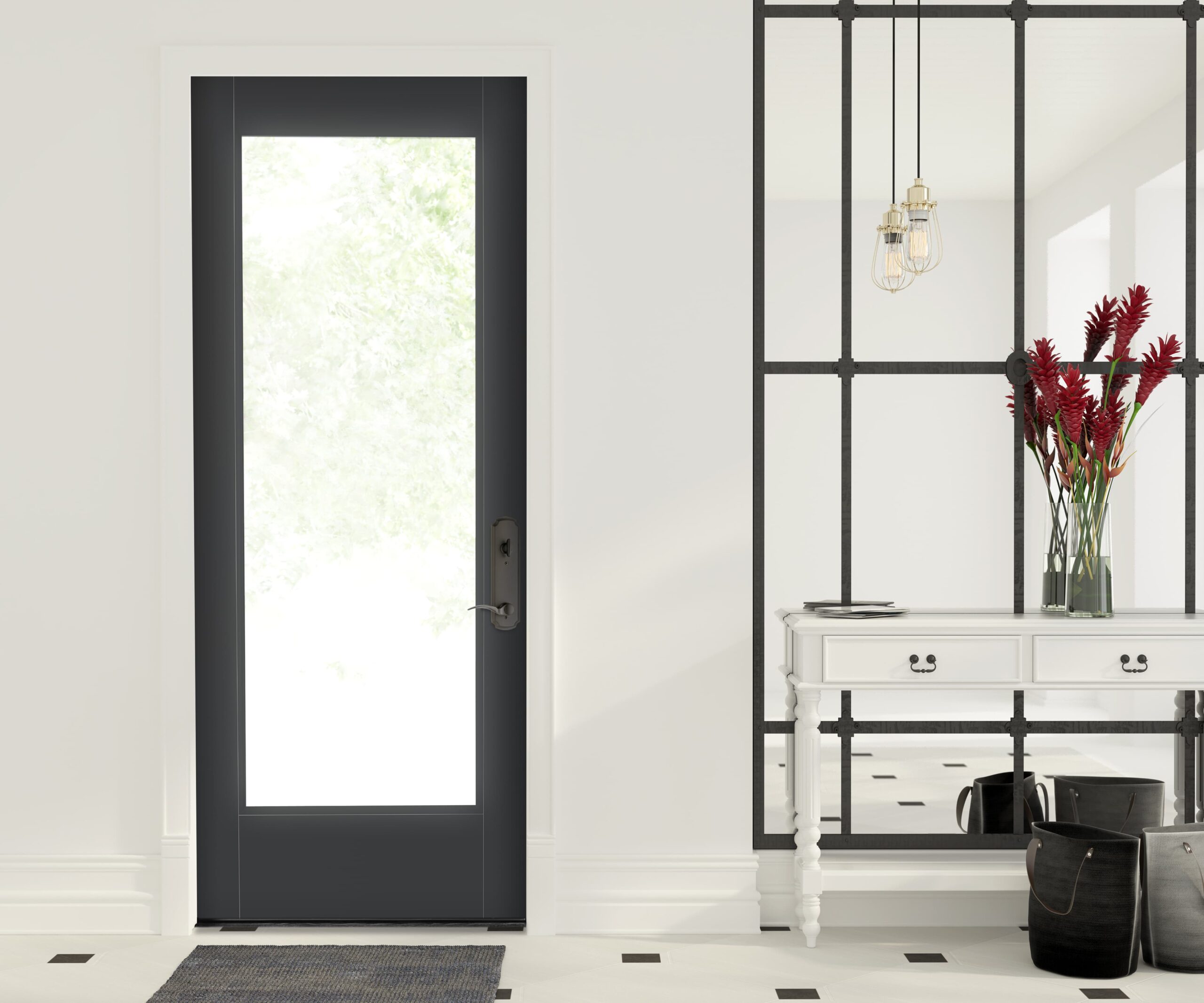 Black fiberglass entry door with glass insert.