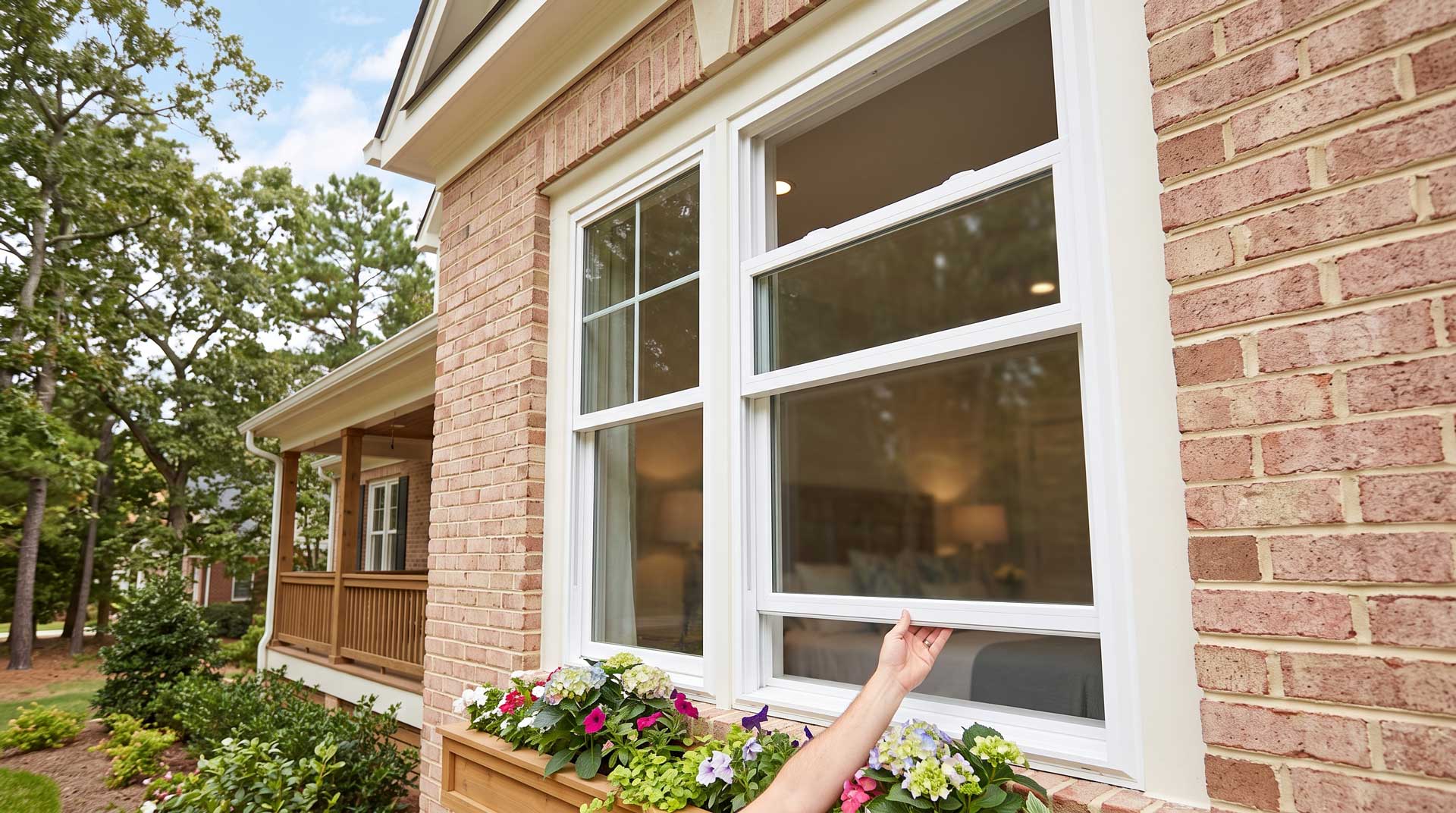 A person opening a window from the outside to show sash functionality.