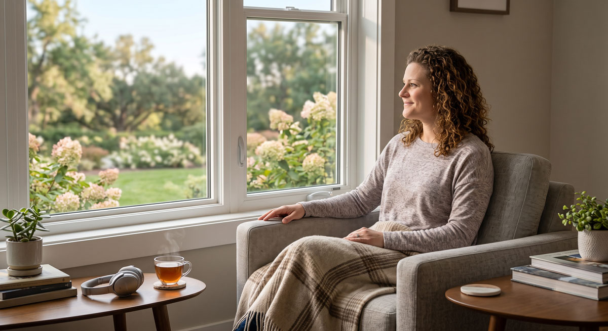 A woman sitting and looking out of her newly installed window.