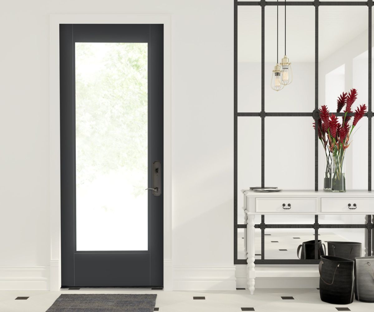 Black fiberglass entry door with glass insert.